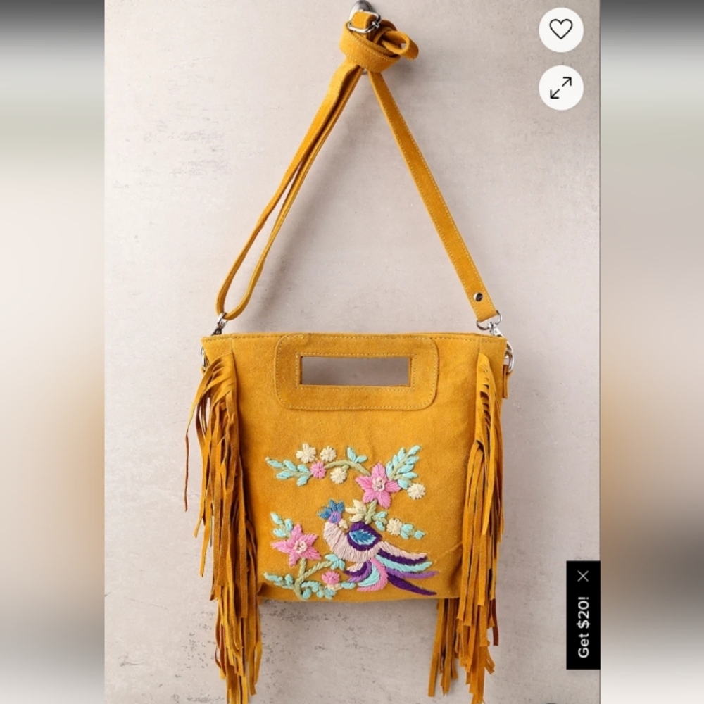 Embroidered Yellow Crossbody Bag with Fringe - Picture 14 of 14
